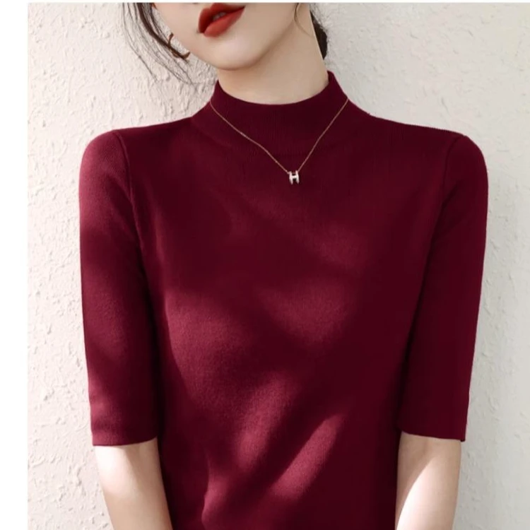 高端清仓法国上衣外贸折扣大牌买手半高领修身显瘦中袖打底针织衫