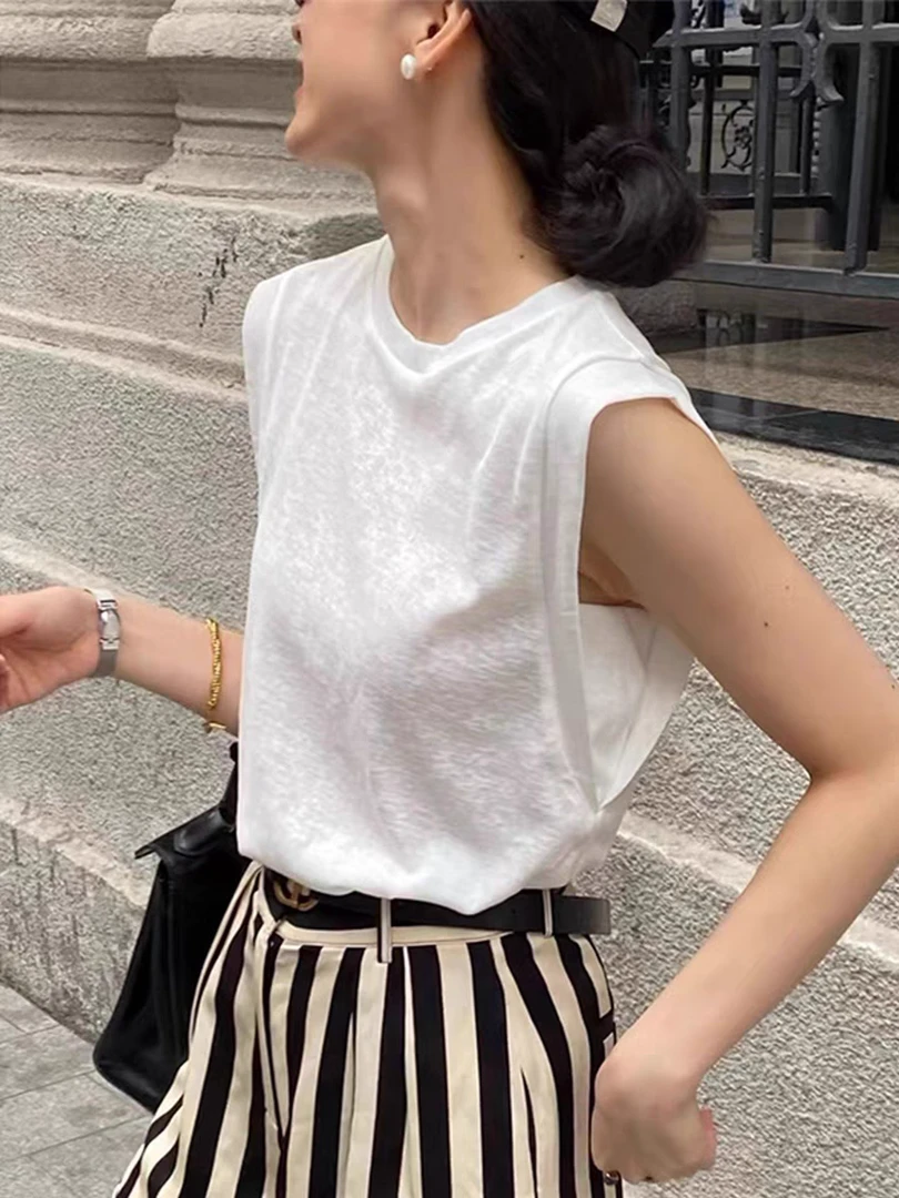 法式减龄知性绝美纯色圆领无袖背心女夏季款简约休闲百搭宽松上衣