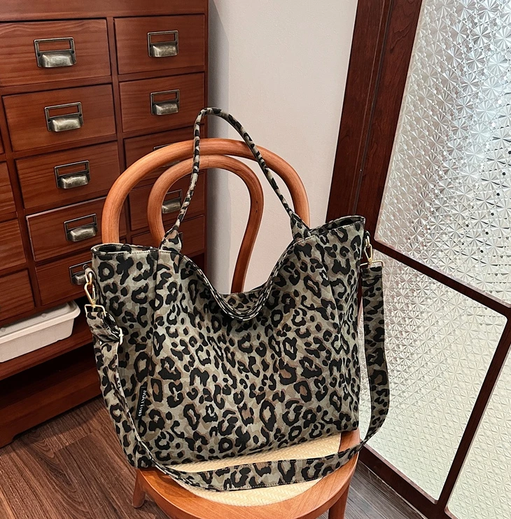 托特包复古豹纹图案简约风单肩包大容量包包网红小众包包
