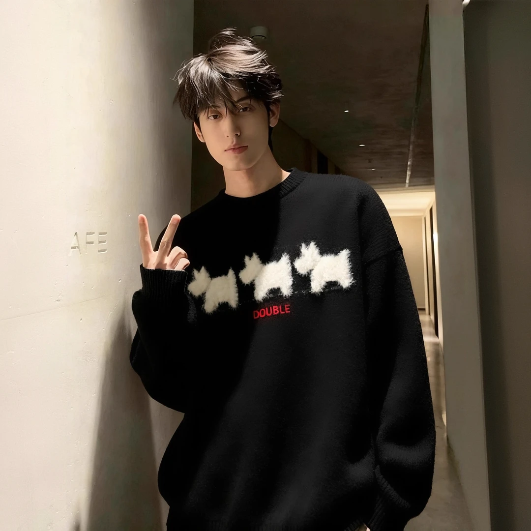 潮流黑色美式植绒毛衣男款秋季慵懒风打底针织衫情侣休闲百搭上衣