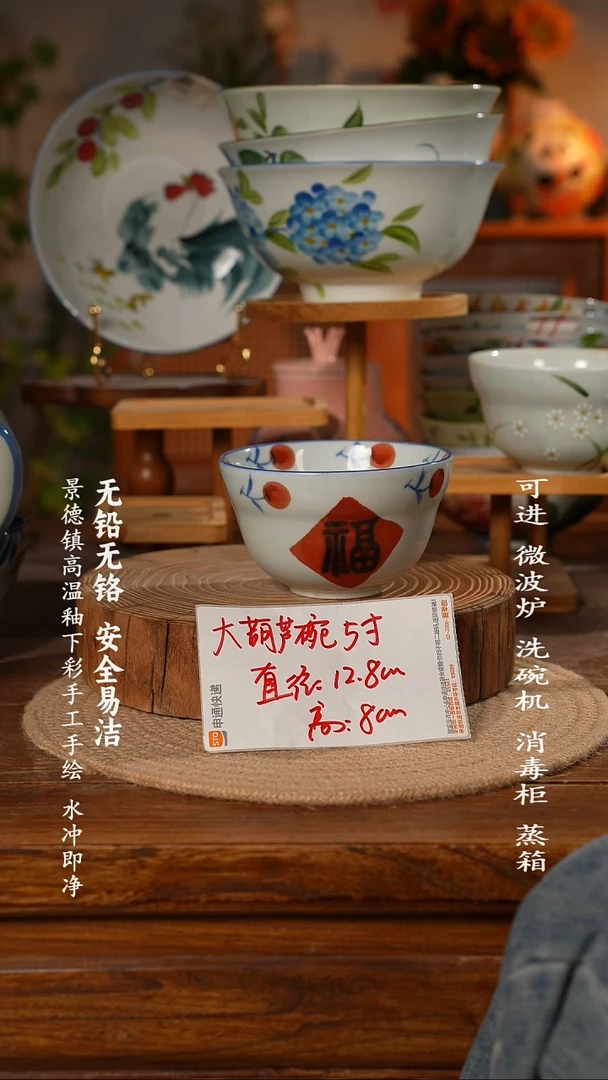 瓷景德镇高温瓷釉下彩手绘陶瓷大