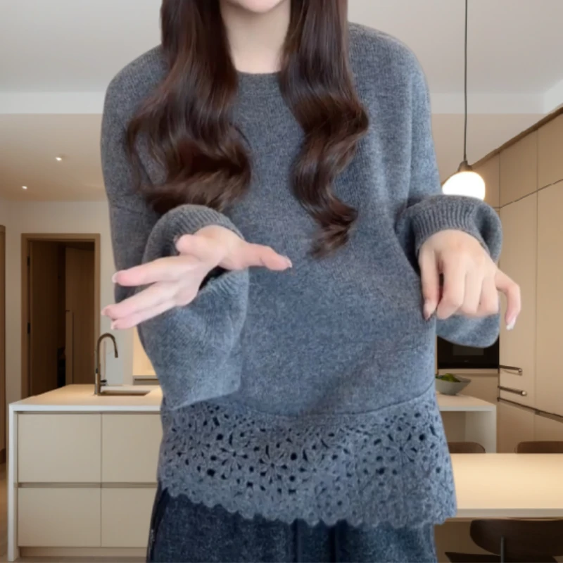 气质慵懒风宽松设计感超好看下摆钩花镂空软糯毛衣LK2508305