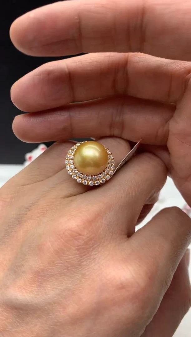 银S925镶嵌ff海水珍珠金珠戒指14mm