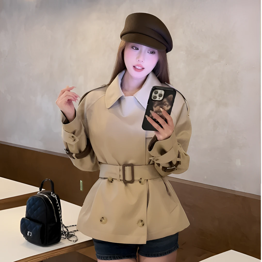 2025春秋新款三角徽标卡其色双排扣腰带短款风衣外套女202501
