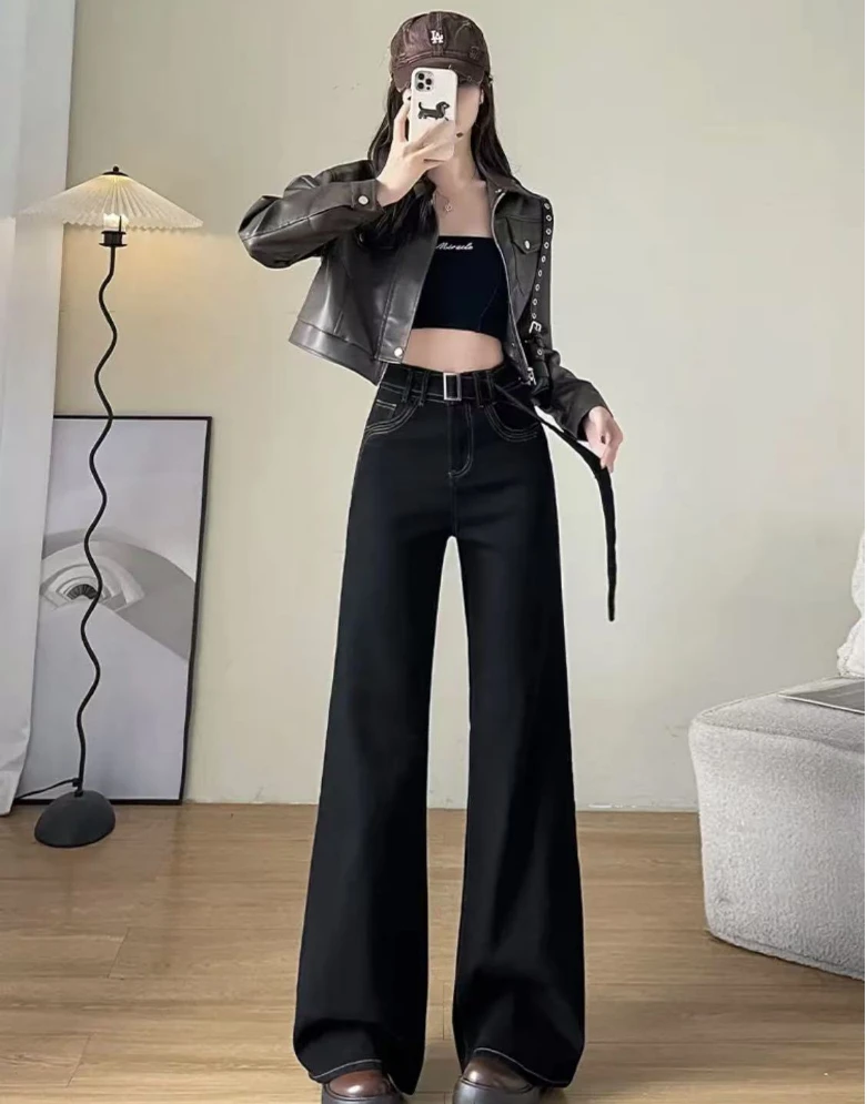 黑金色加绒阔腿牛仔裤女秋冬2024新款爆款明线设计感不贴腿阔腿裤