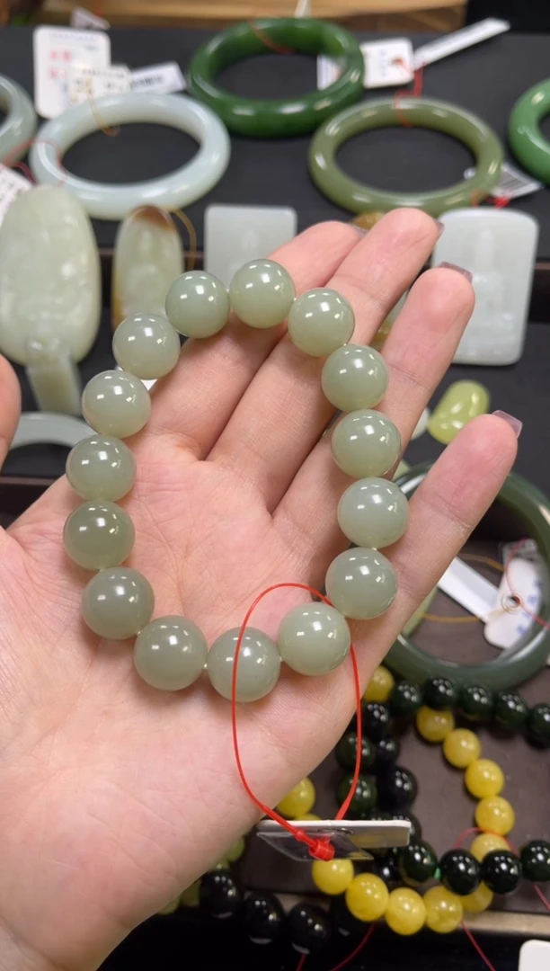 未镶嵌手串和田玉卡14 且末青白玉圆珠9012799