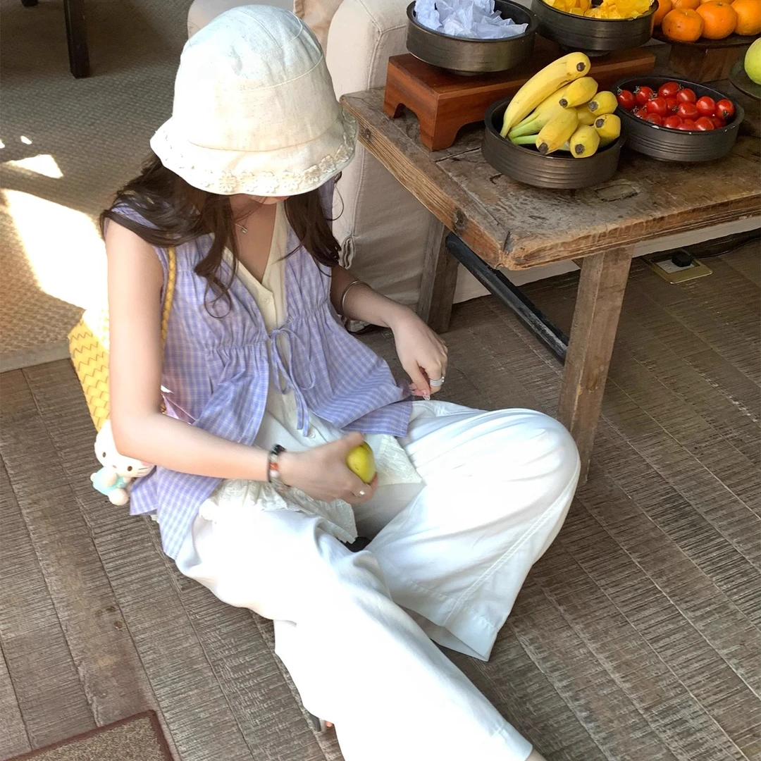 假两件V领绑带背心衬衫女夏季设计感小众宽松显瘦无袖娃娃衫上衣