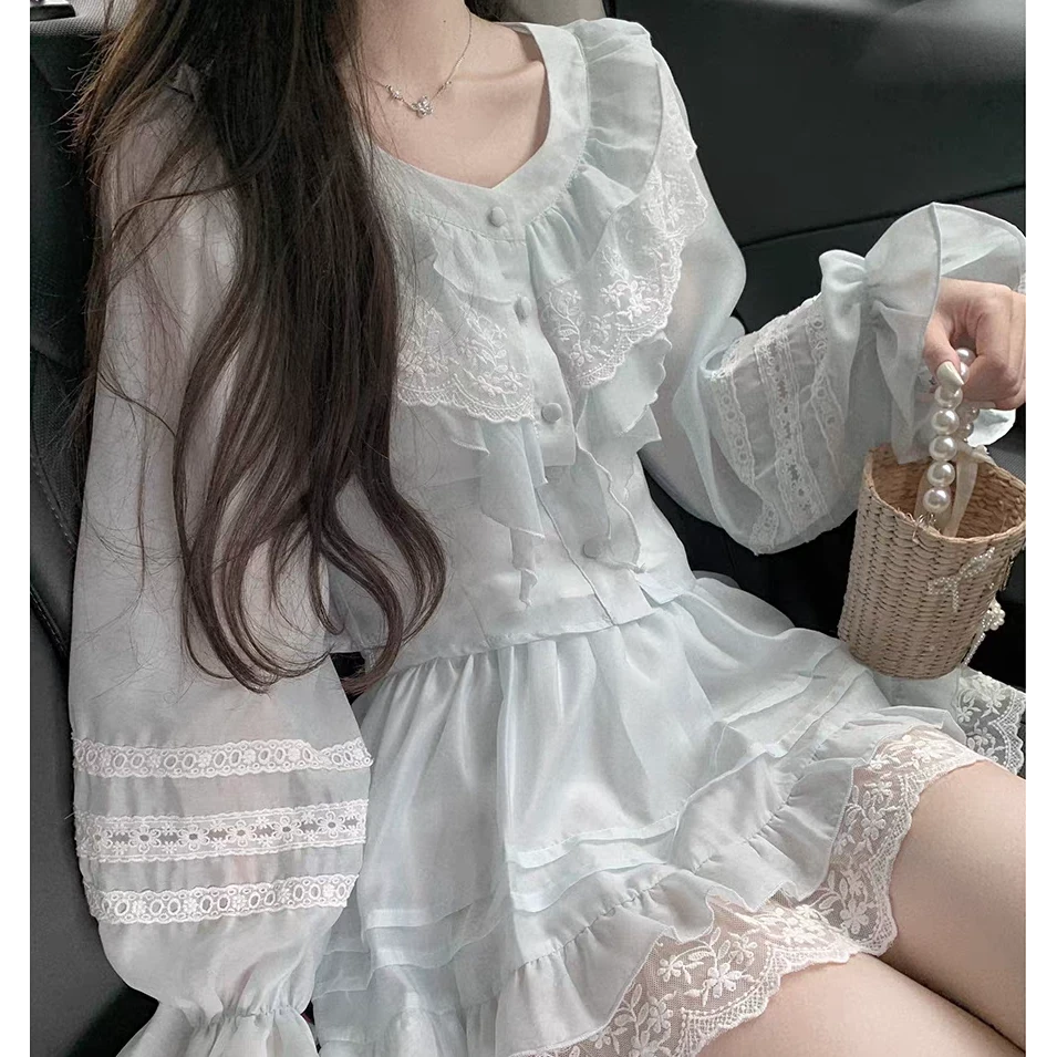 薄荷恋语  25秋季新款甜美可爱拼接蕾丝衬衫上衣蕾丝半身裙套装女