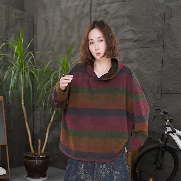 【彩虹卫衣】套头款条纹连帽显瘦春秋季休闲卫衣长袖韩版针织上衣女
