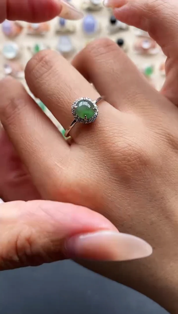 银S925镶嵌戒指翡翠缅甸天然A货翡翠11 7-3