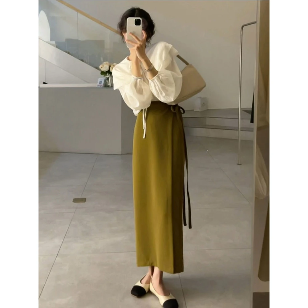 韩版系带一片式半身裙女春夏设计感高腰包臀裙中长款一步a字裙子