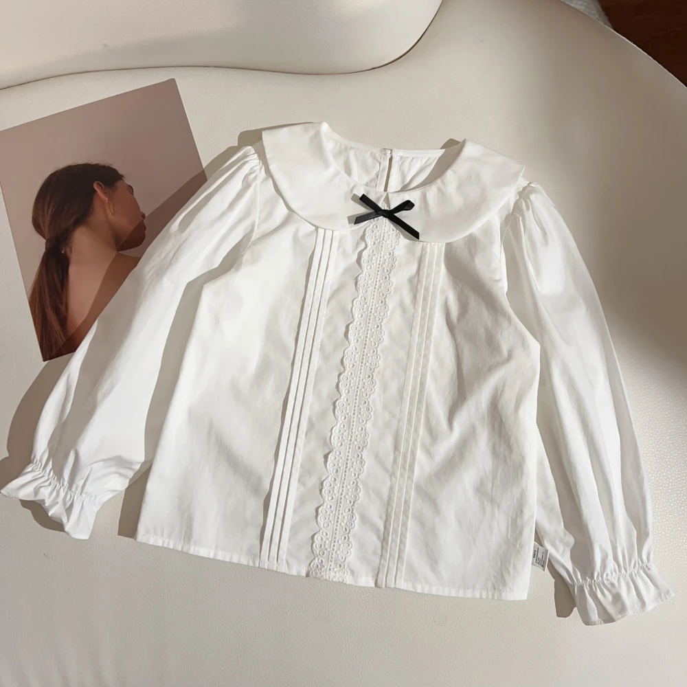 现货【】纯棉女童7787秋季新款长袖衬衫女宝纯色娃娃衫上衣