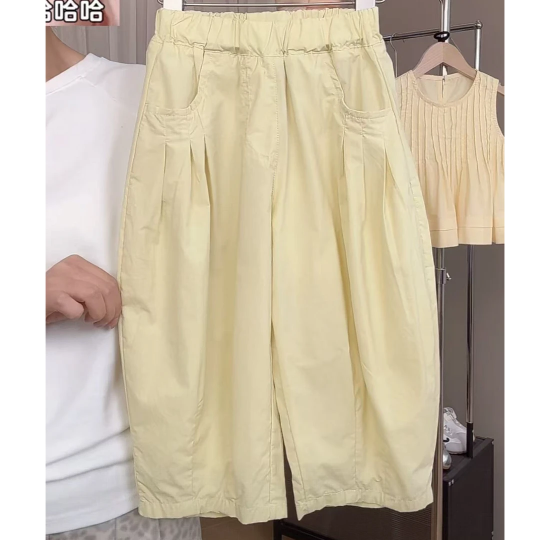 花小花 薄款百搭女童裤子夏款弯刀裤休闲裤宝宝纯色鹅黄九分裤潮