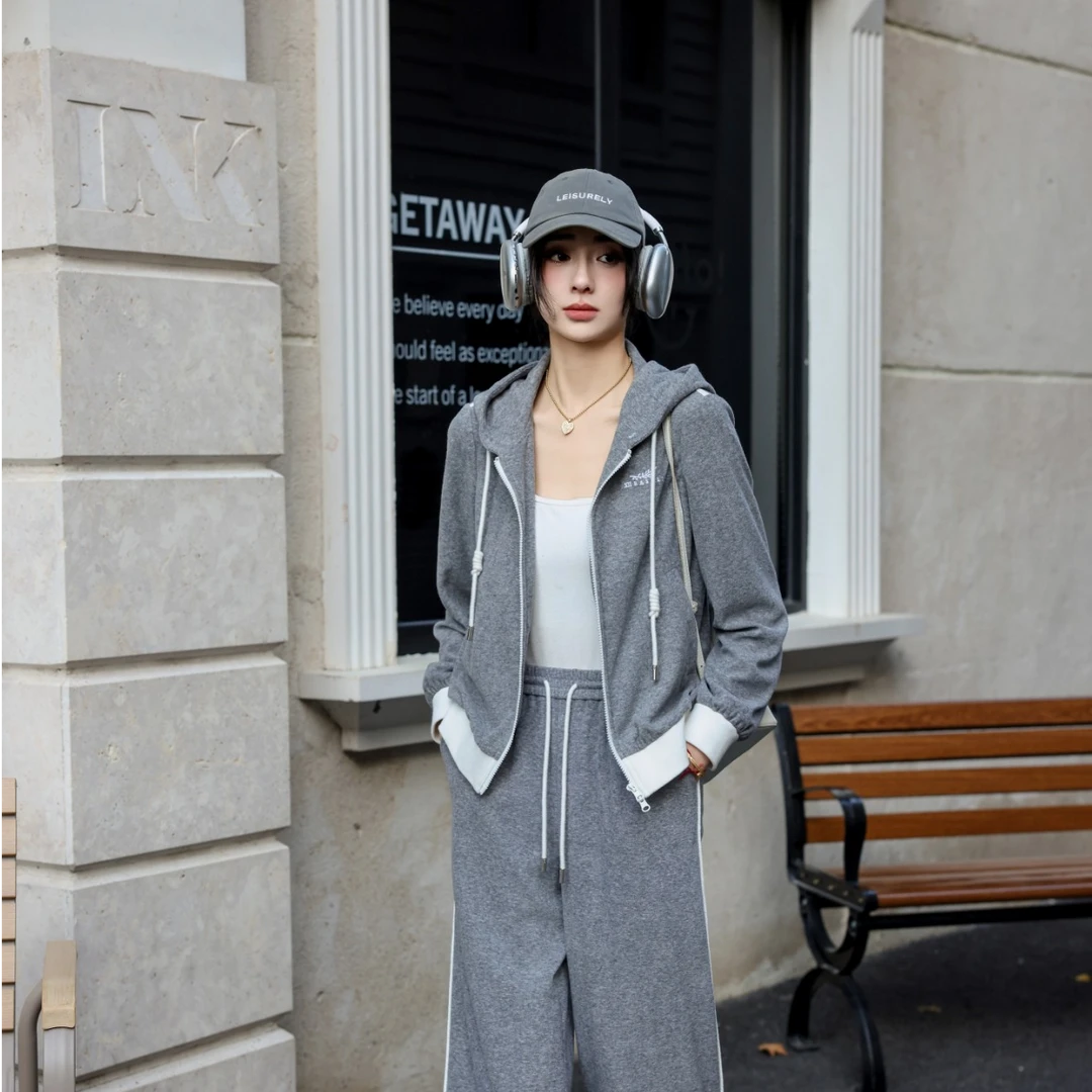 十二篮运动宽松针织圈圈绒灰色休闲连帽秋冬外套女7C65110110