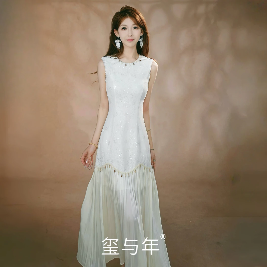 【挚爱初语】重工刺绣贝壳拼接蕾丝连衣裙高级白月光女神甜美纯欲