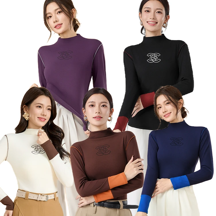 T秋冬立领美拉德拼接印花打底衫修身半高领内搭长袖磨毛保暖上衣