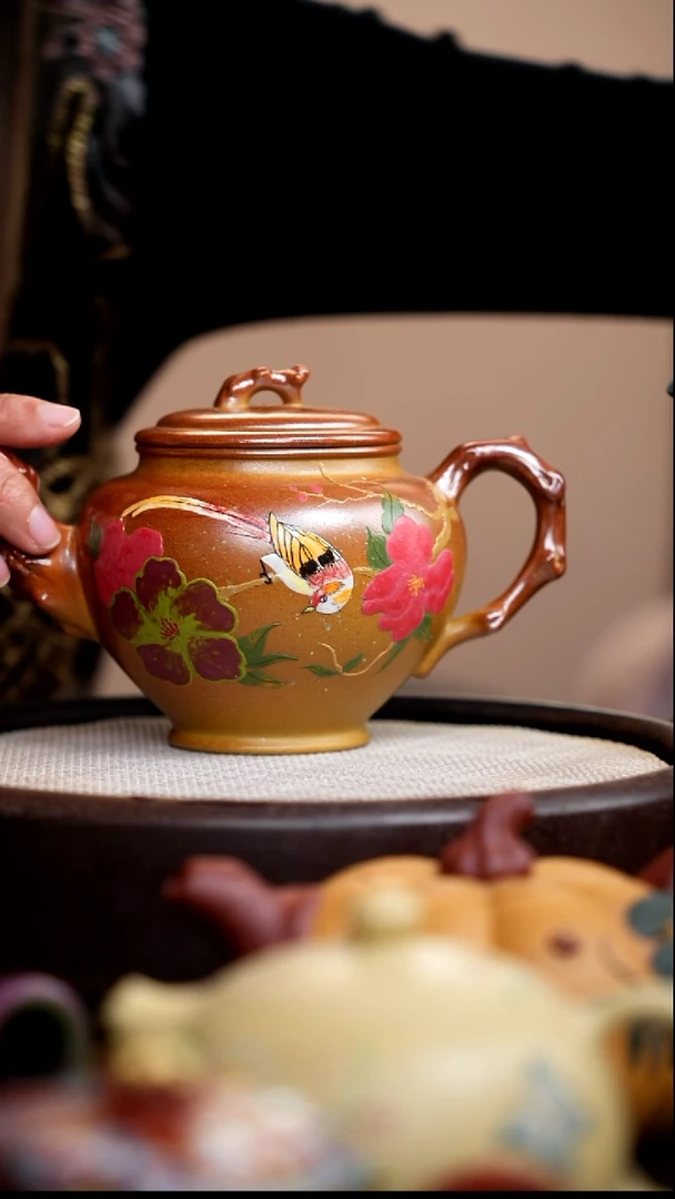茶壶紫砂柴烧大报春泥绘