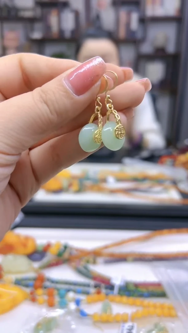 【闪购商品】和田玉（青玉）耳饰14K金镶嵌E397