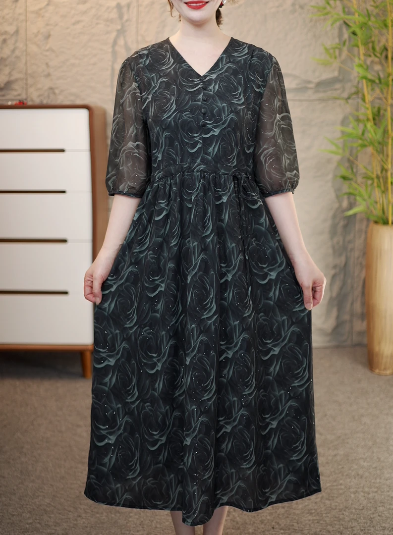 F-8909时尚高档气质V领百搭宽松显瘦大摆连衣裙