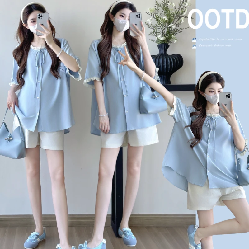 孕妇装2025夏季新款显瘦T恤衬衫休闲纯色孕妇上衣宽松显瘦