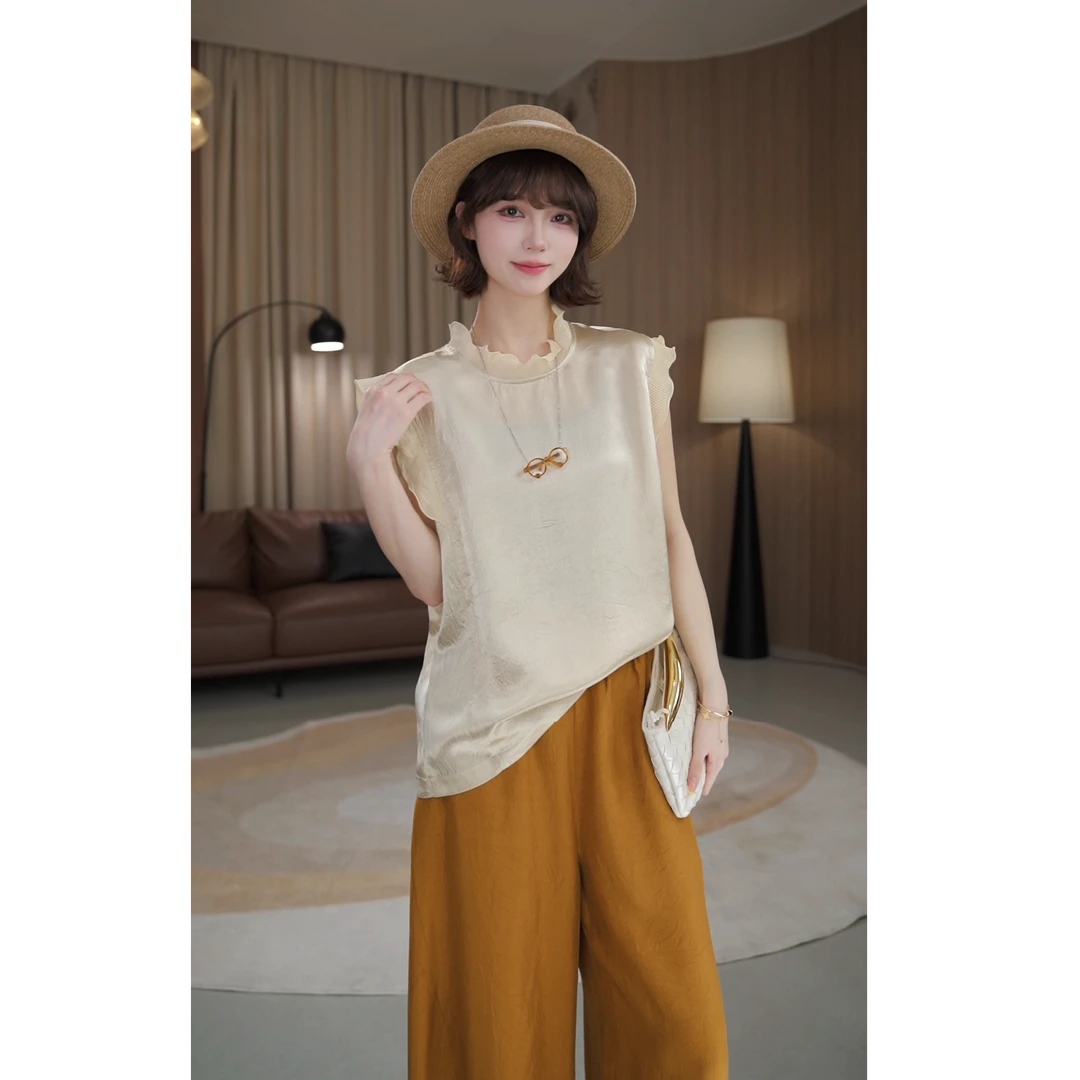 6.20【薇薇绮】时尚立领木耳边醋酸缎小飞袖显瘦百搭上衣夏季 D836