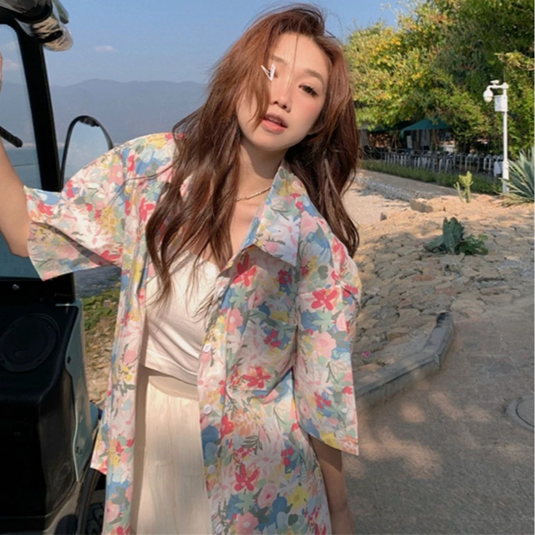 海边度假风宽松碎花短袖口袋夏季衬衫小众韩版印花法式设计感衬衣