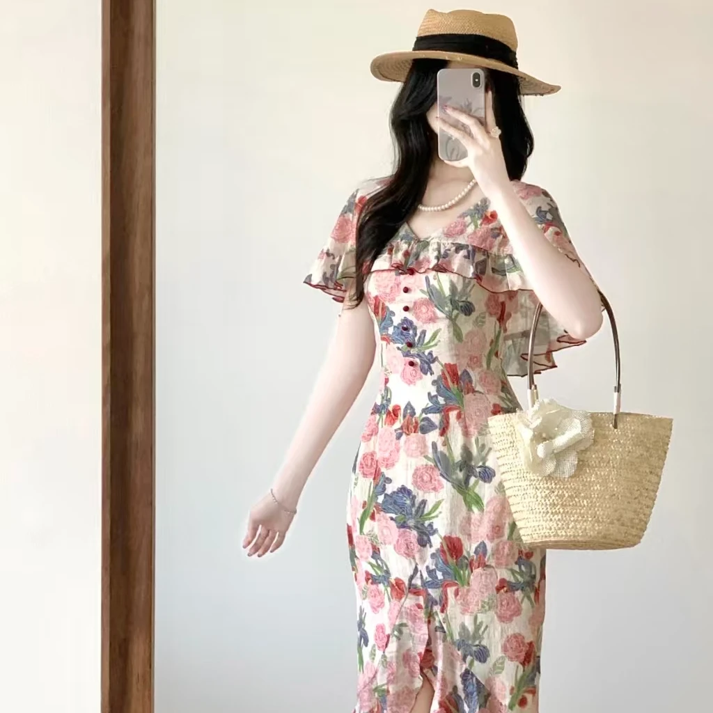 芙罗拉法式浪漫优雅荷叶边斗篷领碎花连衣裙收腰气质长裙5798