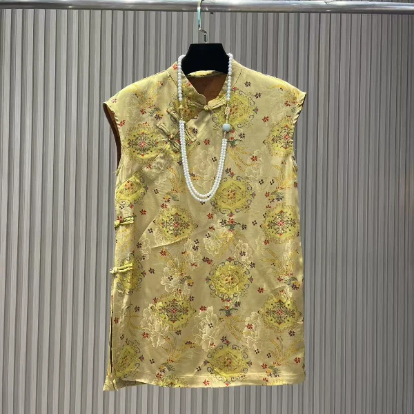 2025碎花时尚黄色女士夏季无袖复古新中式提花马甲