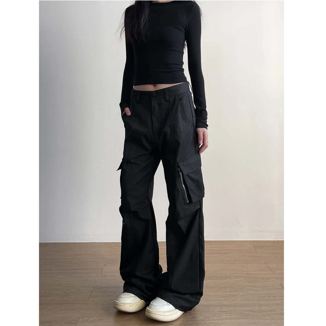 NOMIO美式拉链高腰薄款口袋长裤休闲裤复古阔腿运动工装裤显瘦