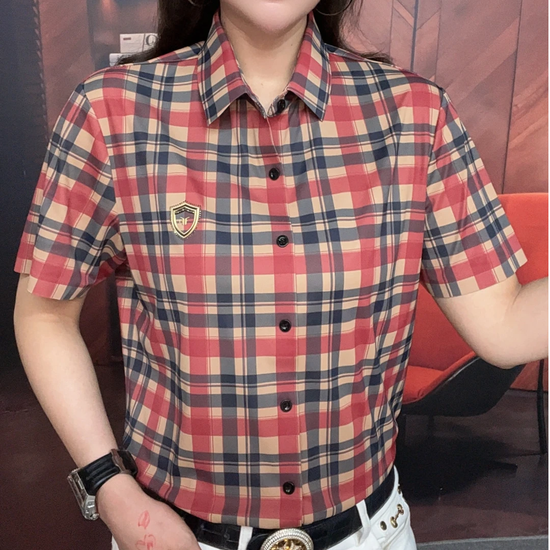 【双蝉男装】2025男士夏季新款时尚轻奢百搭经典格子格纹短袖衬衫