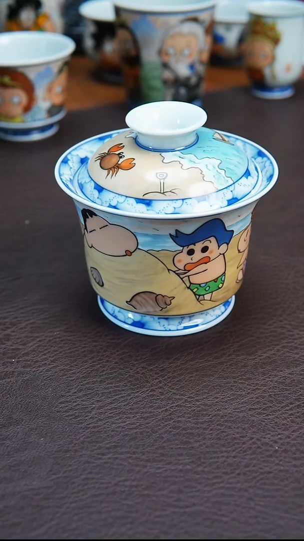 杯陶瓷景德镇手绘蜡笔小新盖碗