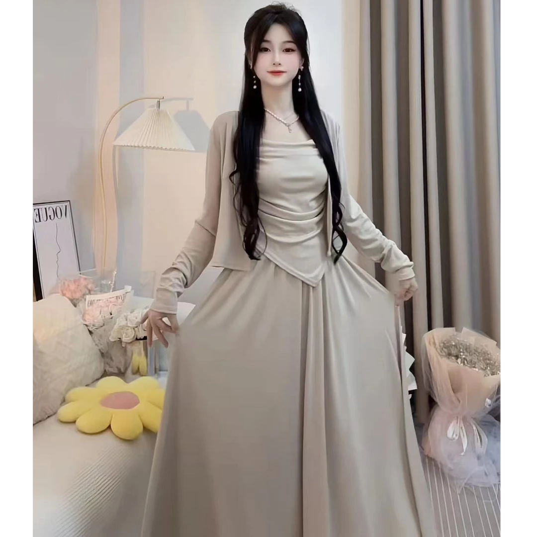 新款秋季时尚显瘦修身收腰温柔复古气质法式度假仙气裙子三件套