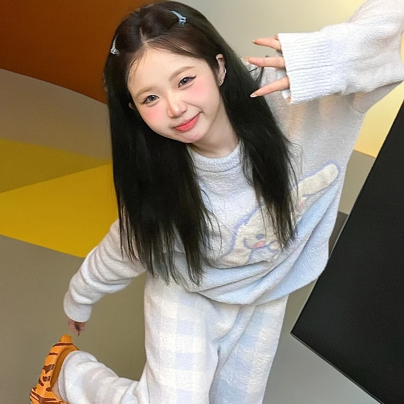 可爱卡通玉桂狗海岛绒睡衣女冬季2023年新款加厚毛绒针织家居套装