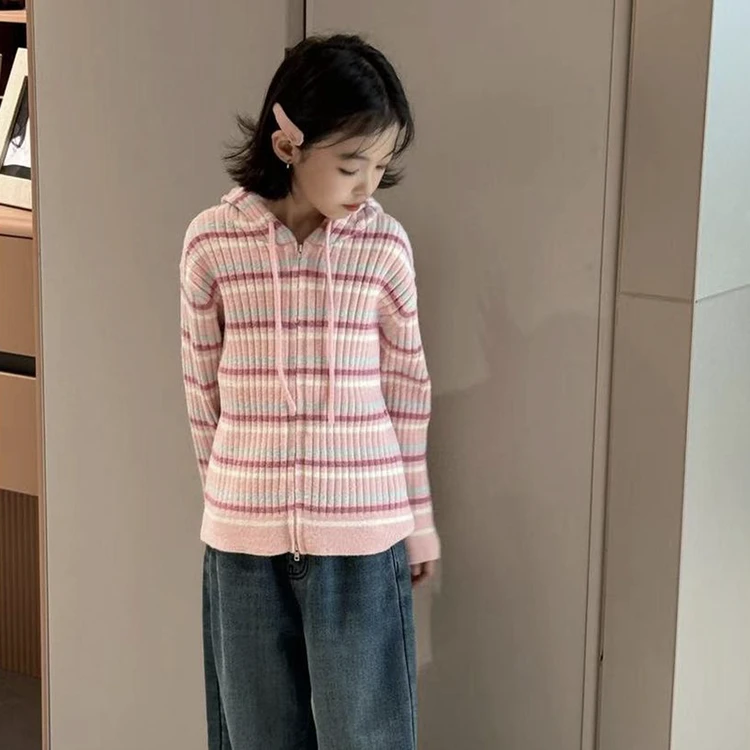 【丫丫童品】冬季长袖彩条纹针织连帽衫童装-G367