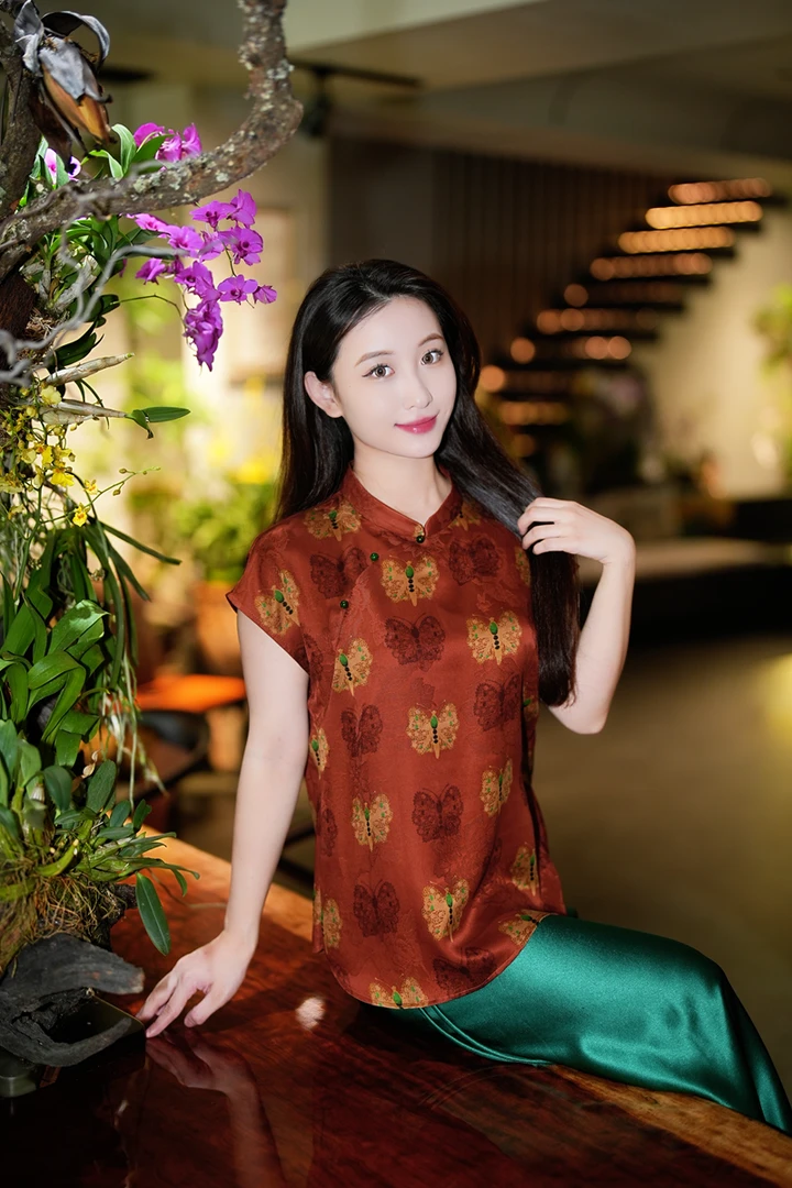 蓝大【清荷韵】新中式桑蚕丝短袖7893