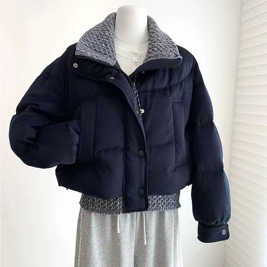 【鱼白又白】短款棉服女设计感针织拼接大翻领保暖纯色宽松时尚