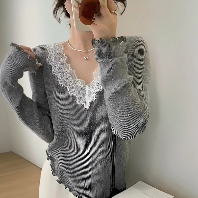 韩系甜美蕾丝拼接木耳花边密边针织打底衫女春夏新款洋气毛衣内搭