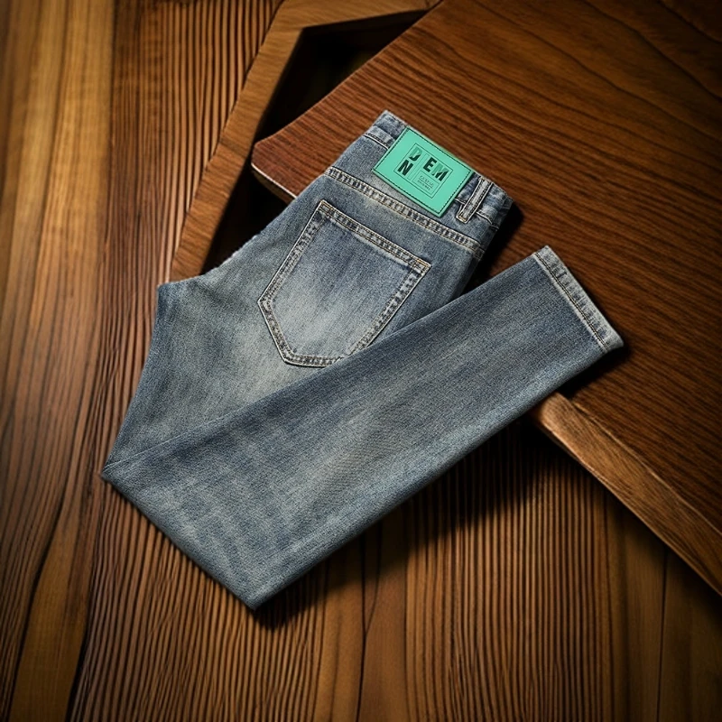 维斯克纳薄款复古蓝九分牛仔裤腰字母刺绣弹力修身小直脚怀旧青年