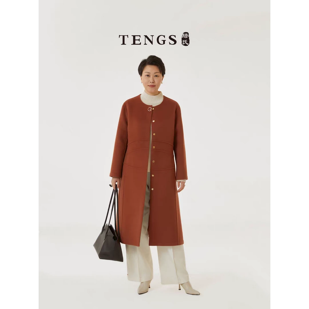 TENGS滕氏女装秋冬新款精品羊毛时尚通勤修身线条分割双面大衣