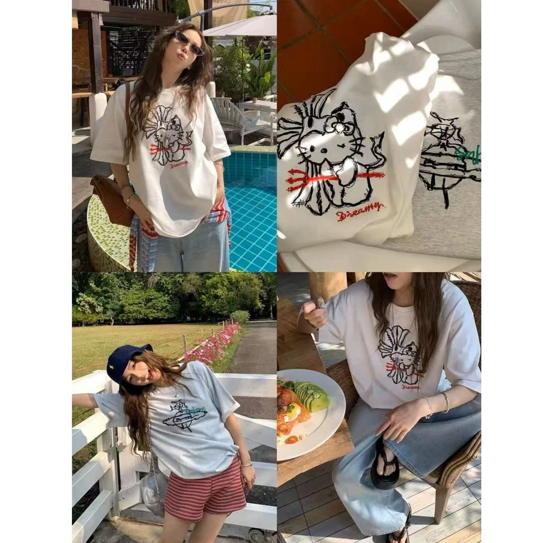 韩系休闲简约ins宽松百搭纯棉圆领打底T系列刺绣短袖T61526