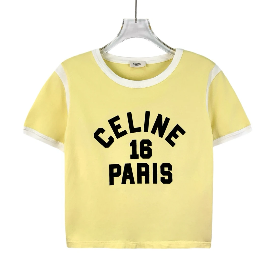 99新 Celine/思琳  EW0080  淡黄色logo字母印花短袖T恤 S码