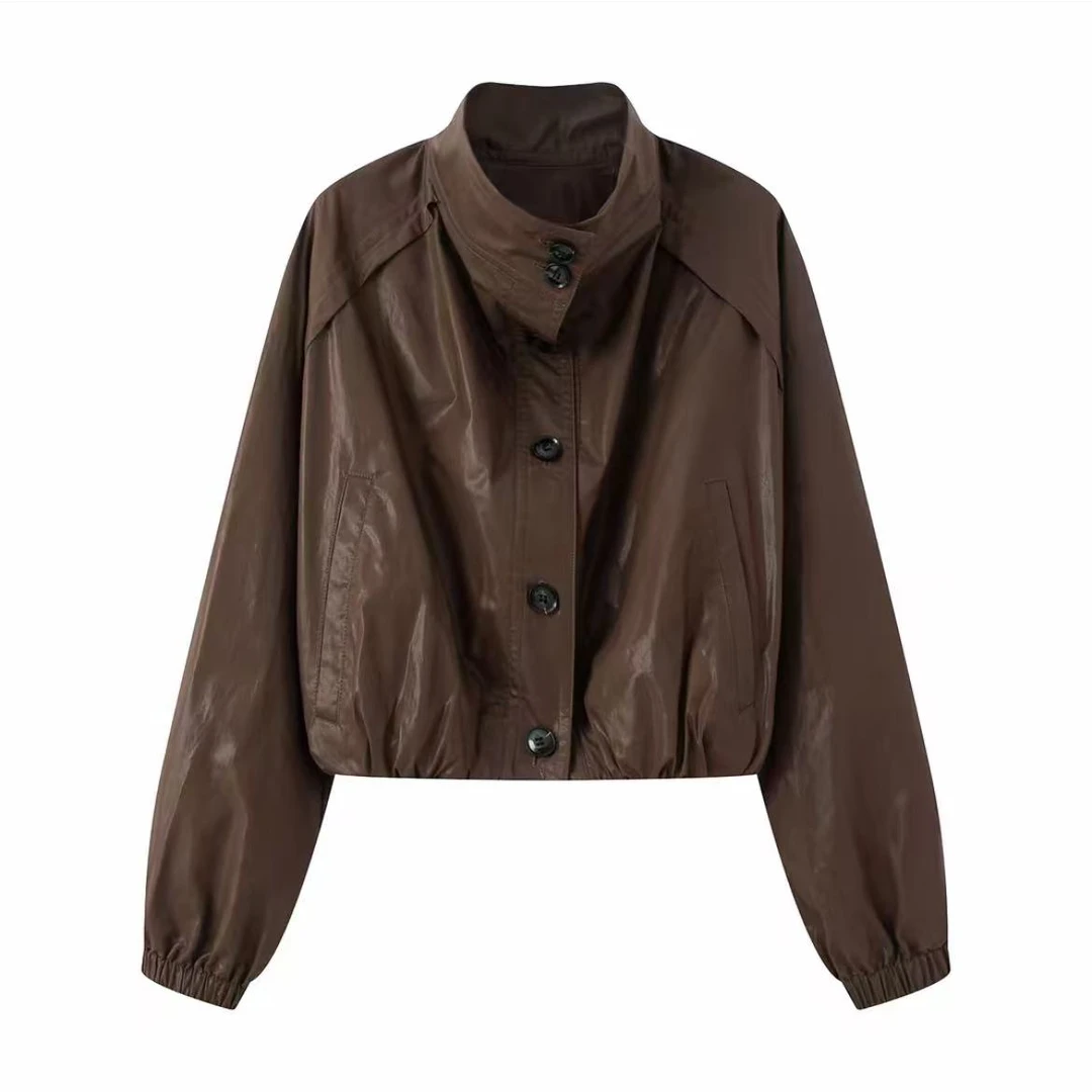 【艾家新款】秋季新品立领通勤风单排扣油蜡感设计师气质宫廷风外套