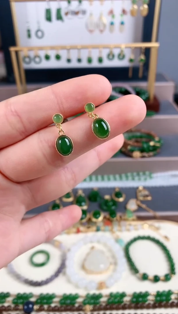 银S925镶嵌和田玉耳饰1