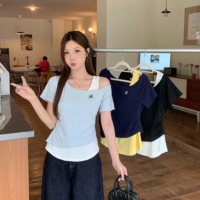 大码胖mm美式辣妹撞色露肩假两件短袖T恤女夏设计感修身显瘦上衣