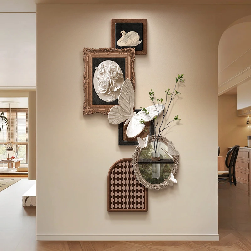 水培绿植玄关装饰画2025新款法式走廊过道挂画中古风蝴蝶肌理壁画