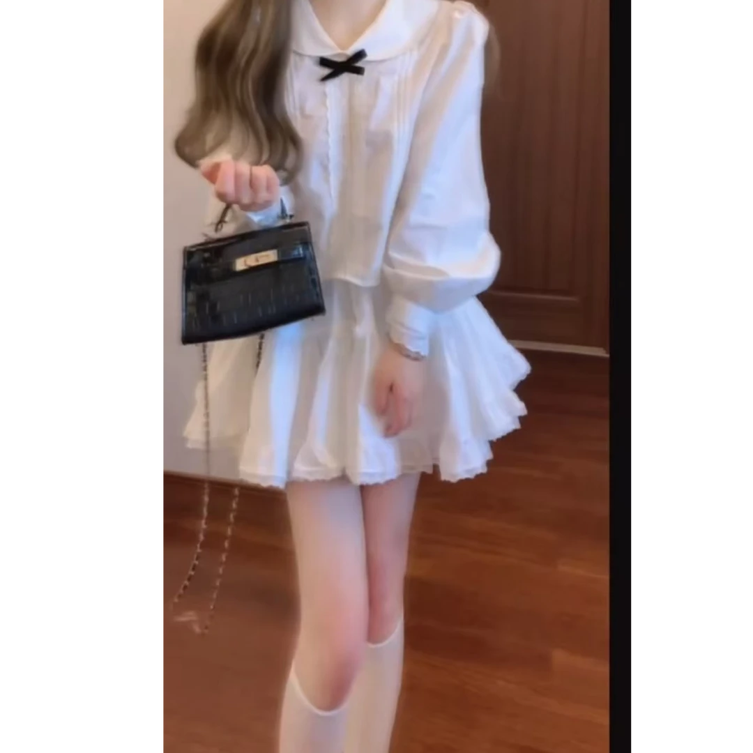 韩系甜美穿搭夏季新款长袖T恤小众上衣配显瘦高腰半身裙两件套女