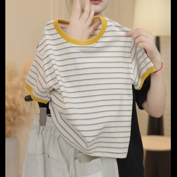 【派町现货】夏装儿童韩版时尚条纹简约休闲宽松百搭短袖T恤SJ5741