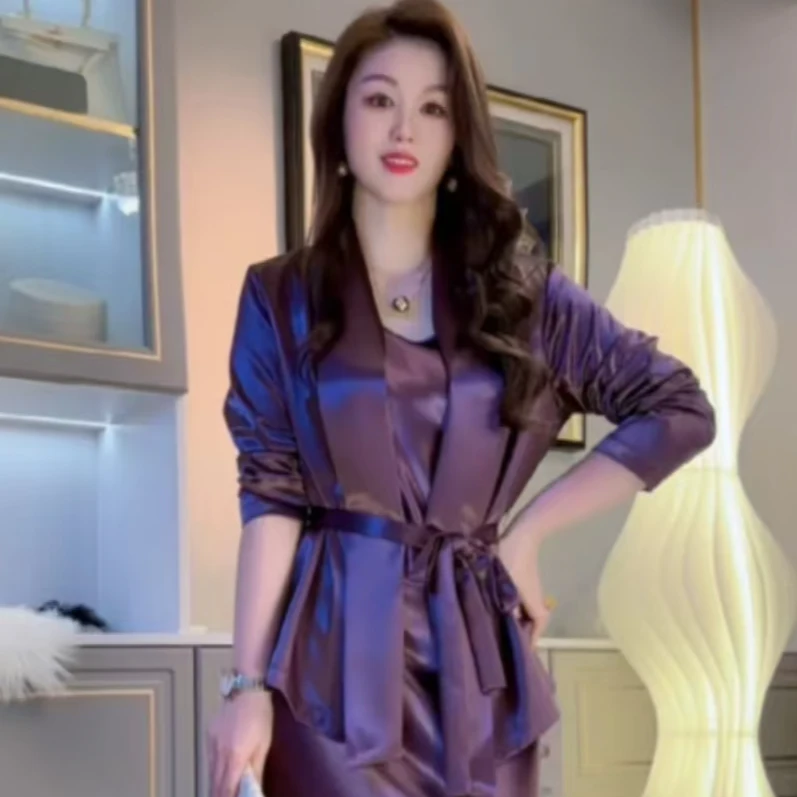 2025新款时尚纯色简约气质名媛鎏金缎翻领系带外套女显瘦气质长袖