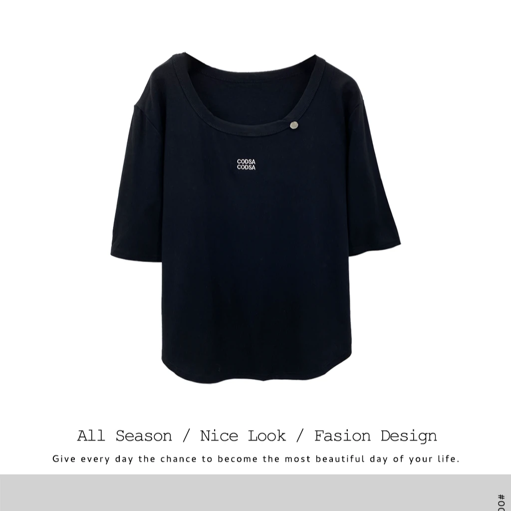 832 U领收腰字母百搭通勤内搭修身上衣正肩短袖T恤女#77003