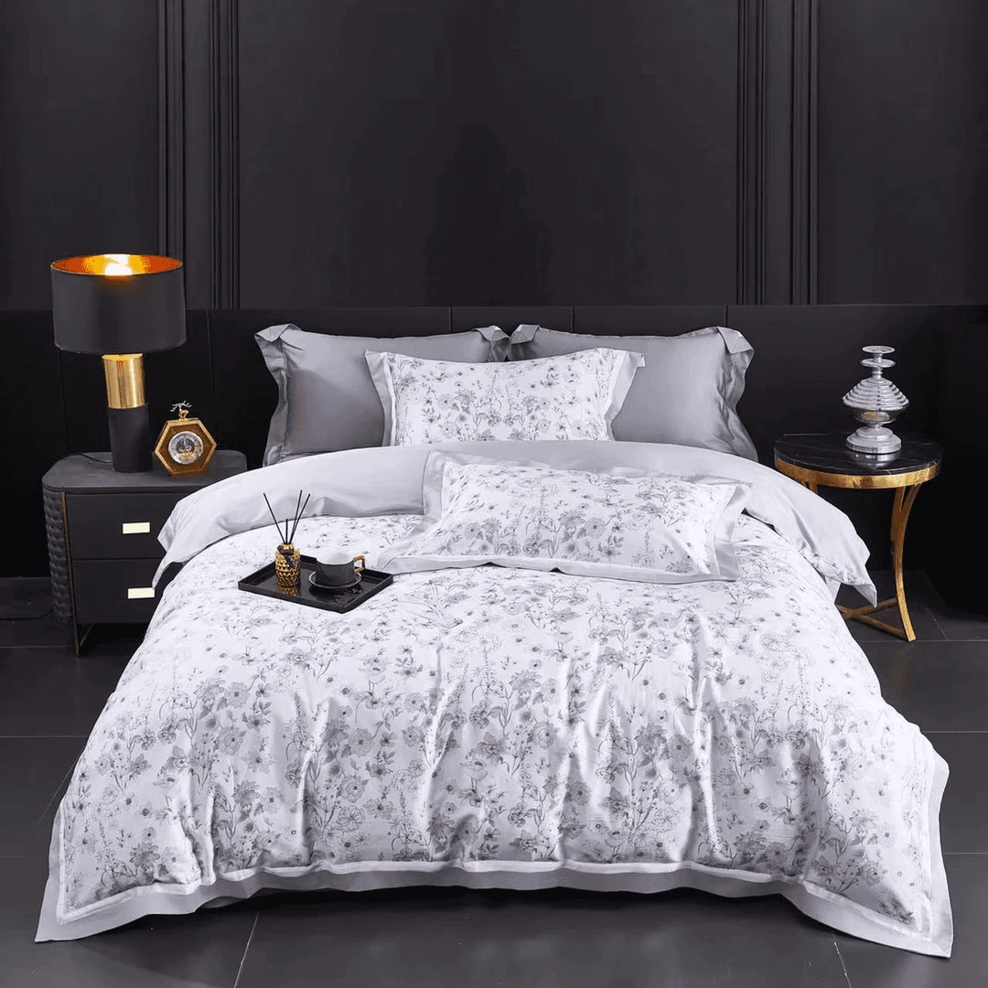 【锦鲤优选】高端轻奢超细旦数码印花拼角天丝棉四件套-素馨-灰